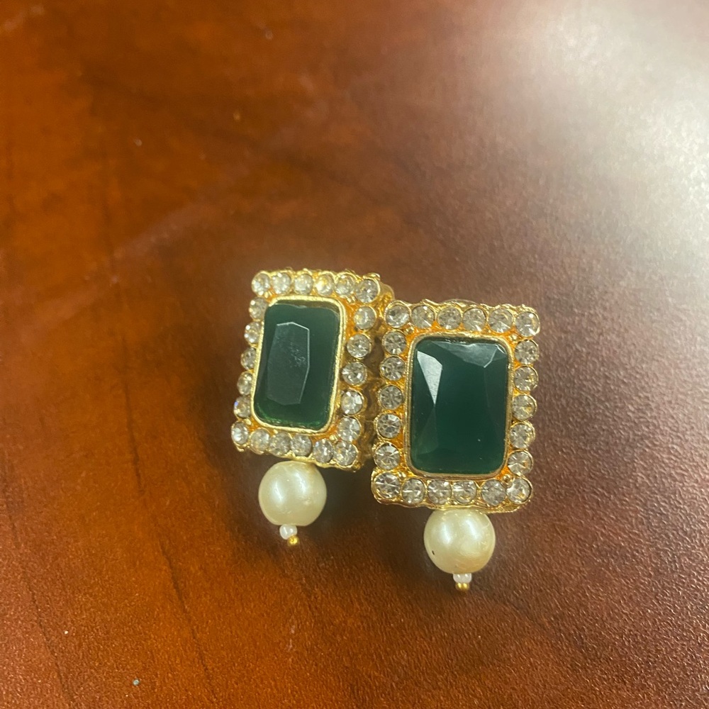 Beautiful Indian green stone earrings with cubic Zirconia and pearl.